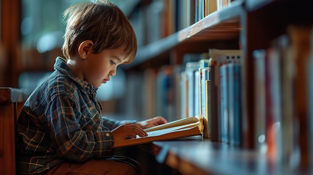 Retrato de uma criança segurando livros na biblioteca e lendo IA generativa