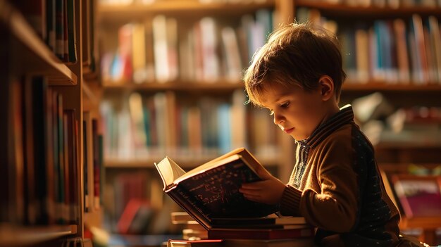 Retrato de uma criança segurando livros na biblioteca e lendo IA generativa