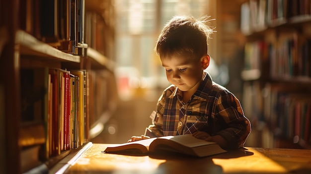 Retrato de uma criança segurando livros na biblioteca e lendo IA generativa