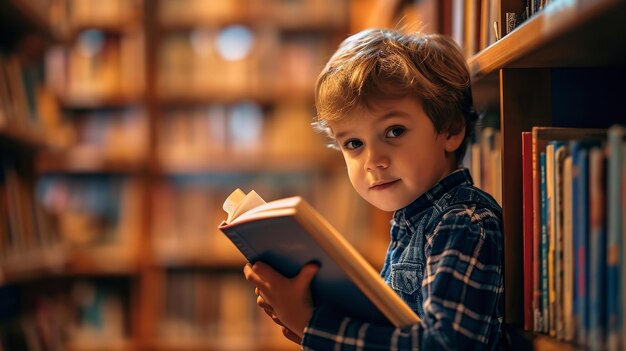 Retrato de uma criança segurando livros na biblioteca e lendo IA generativa