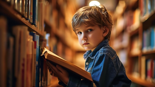 Retrato de uma criança segurando livros na biblioteca e lendo IA generativa
