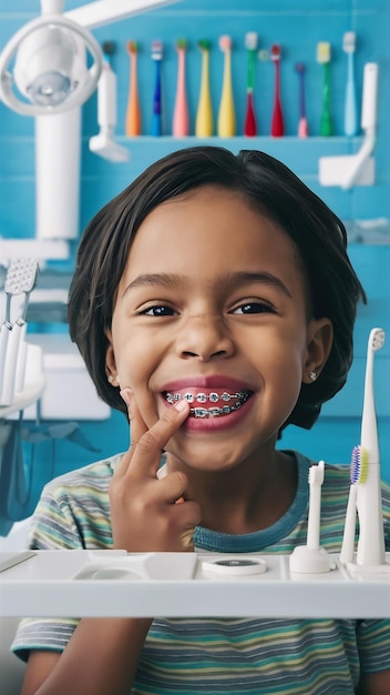 Retrato de uma criança sorridente com aparelhos dentários no consultório de um dentista