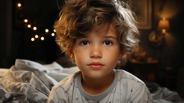 Retrato de uma criança sorridente com cabelos loiros em seu quarto