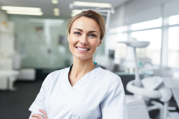 Retrato de uma dentista sorridente no fundo de um consultório odontológico moderno Andorian