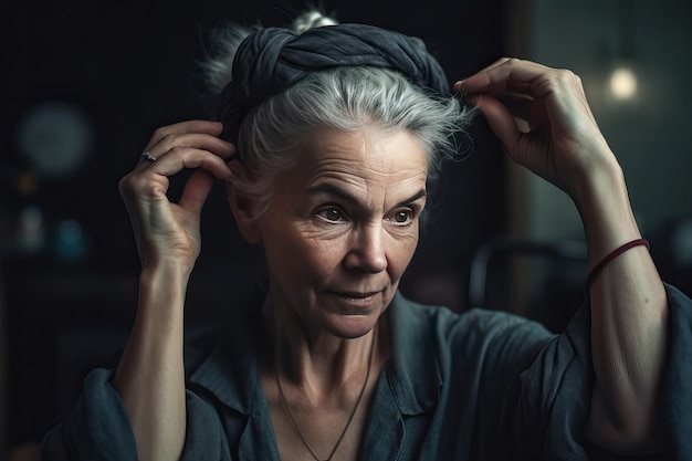 Retrato de uma elegante mulher caucasiana envelhecida consertando seu penteado