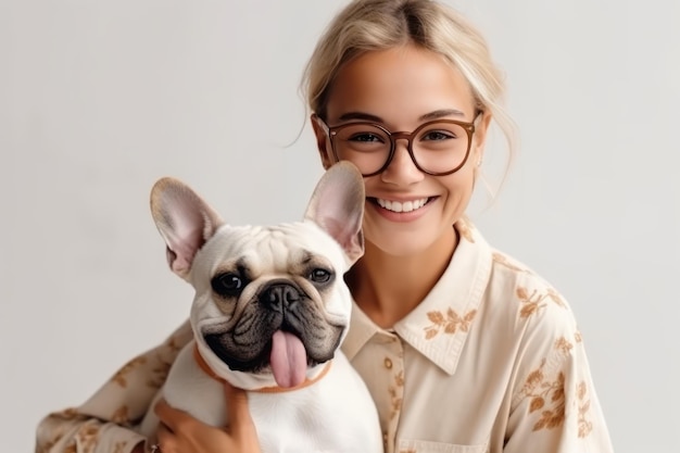 Retrato de uma elegante mulher europeia moderna com penteado de coque sorrindo amplamente para a câmera expressando e