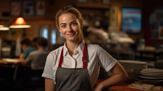 Retrato de uma empregada de mesa sorridente de pé num café