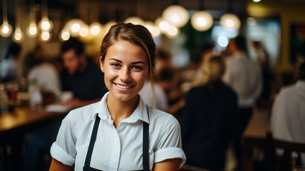 Retrato de uma empregada de mesa sorridente em um restaurante