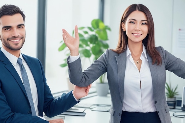 retrato de uma empresária sorridente em pé com as mãos cruzadas no escritório no fundo de colegas