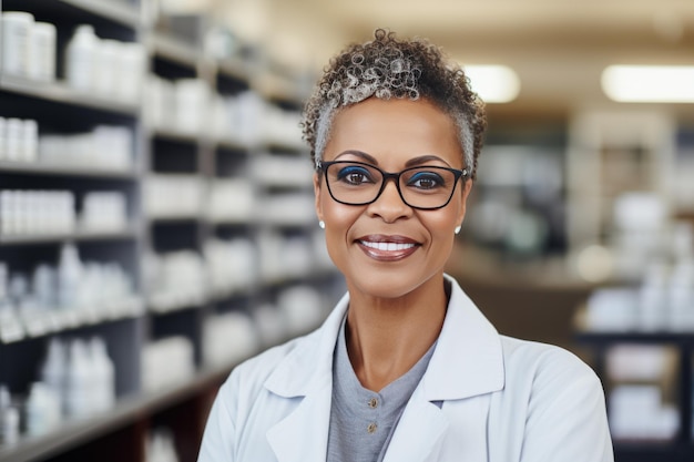 Retrato de uma encantadora madura farmacêutica afro-americana entre as prateleiras de medicamentos em um