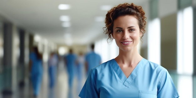 Retrato de uma enfermeira sorridente em um fundo hospitalar embaçado