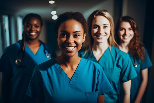 Retrato de uma equipe médica multicultural sorridente de pé no hospital