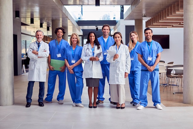 Retrato de uma equipe médica multicultural vestindo uniforme de pé dentro do edifício do hospital