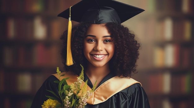 Retrato de uma estudante afro-americana feliz comemorando a formatura