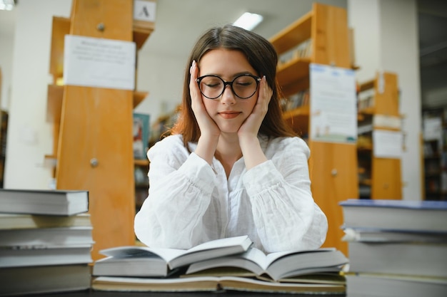 Retrato de uma estudante estudando na biblioteca