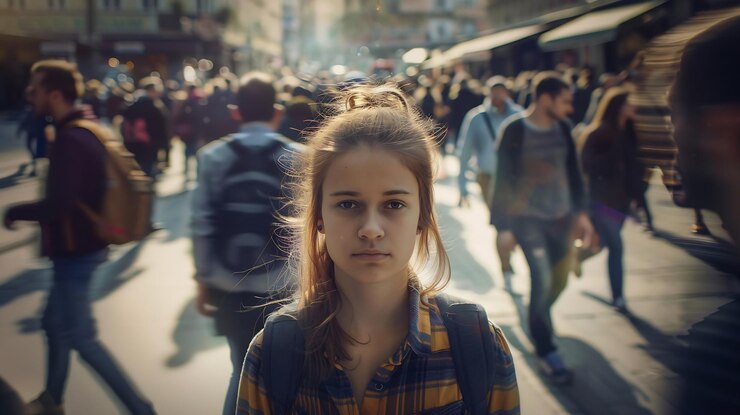 Foto retrato de uma estudante jovem cansada de pé sozinha no centro da cidade e olhando para c ia generativa