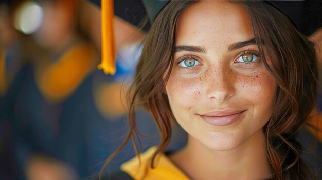 Retrato de uma estudante sorridente de chapéu e roupão na universidade