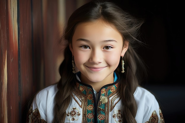 Retrato de uma estudante sorridente do Cazaquistão
