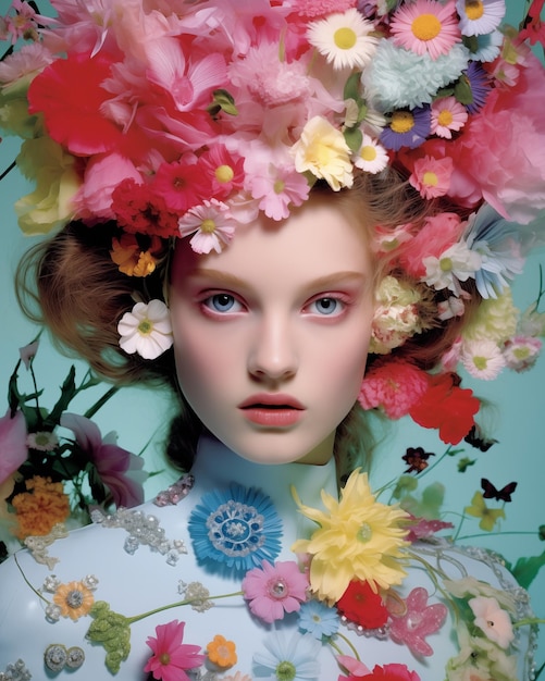 Retrato de uma fada da floresta sonhosa cercada por um halo de flores coloridas