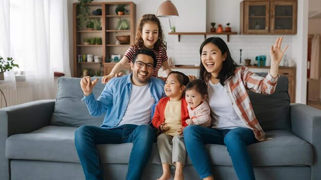 Retrato de uma família a divertir-se na sala de estar