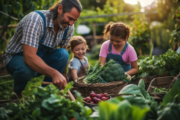 Retrato de uma família feliz colhendo legumes no jardim de legumes Foca no homem