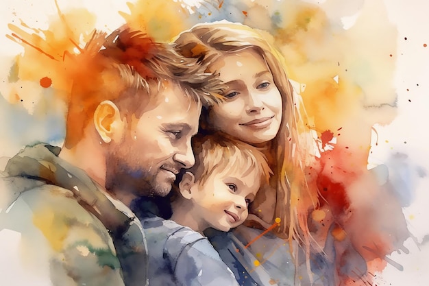 Retrato de uma família feliz com uma criança em estilo aquarela Ilustração colorida para arte de parede