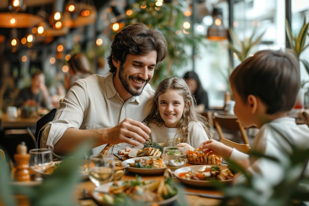 Foto retrato de uma família feliz comendo em um restaurante