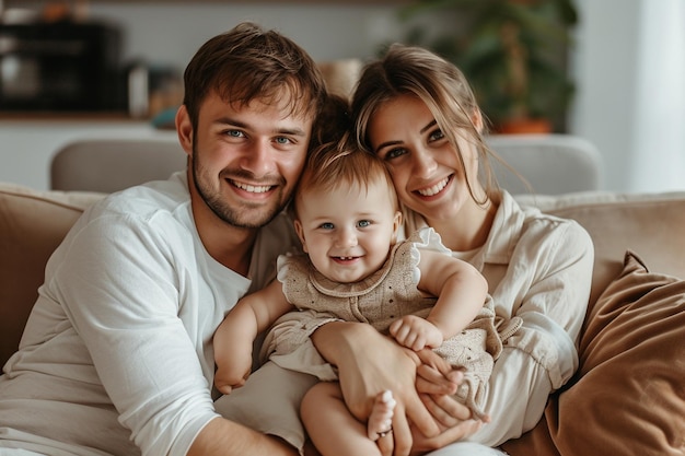 Retrato de uma família feliz em casa Pai mãe e filha estão sorrindo com IA gerada