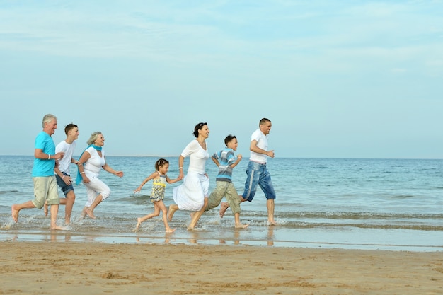 Retrato de uma família feliz pulando na praia no verão