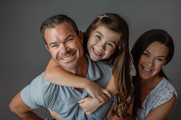 Foto retrato de uma família feliz se divertindo juntos em um fundo cinza