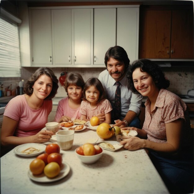 Retrato de uma família feliz tomando o pequeno-almoço na cozinha em casa Feliz Dia de Páscoa