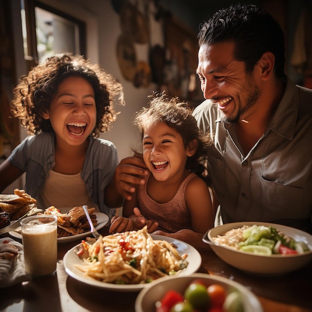 Foto retrato de uma família latina feliz jantando juntos ia generativa