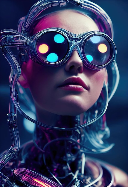 Retrato de uma fashionista fictícia linda cyberpunk usando lindos óculos cyberpunk.