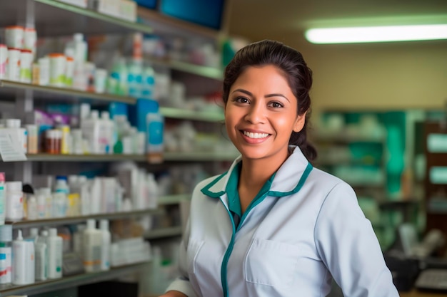 Foto retrato de uma feliz farmacêutica latina numa farmácia