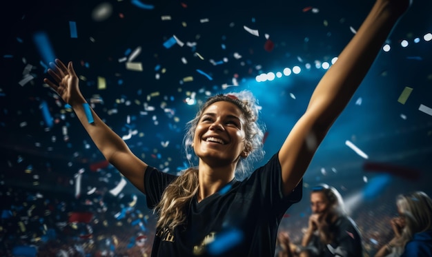 Retrato de uma feliz jogadora de futebol feminino celebrando a vitória com confeti caindo