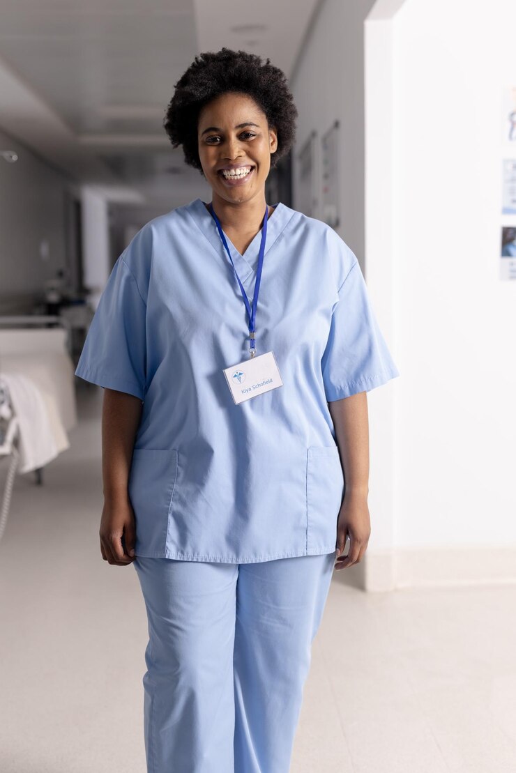 Foto retrato de uma feliz médica afro-americana de pé no corredor do hospital
