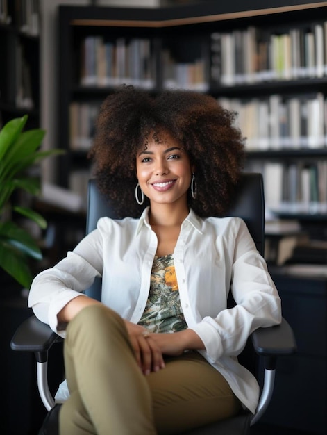 Foto retrato de uma feliz mulher de negócios afro-americana em uma poltrona em um escritório criativo