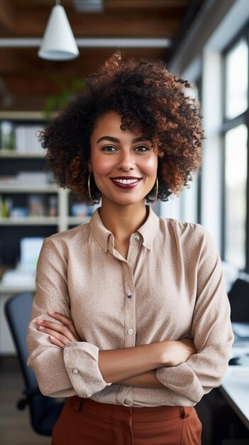 Foto retrato de uma feliz mulher de negócios afro-americana no escritório criativo