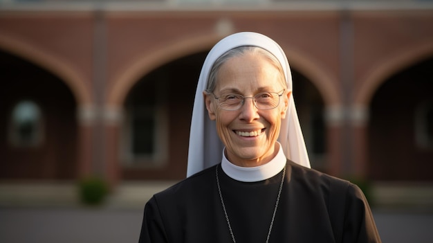 Retrato de uma freira sênior contra um fundo de igreja