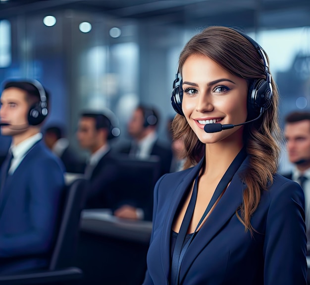 Foto retrato de uma funcionária de call center em seu local de trabalho criado com tecnologia de ia generativa