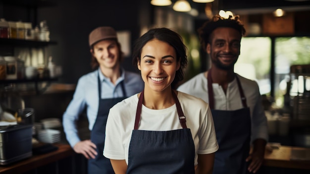 Retrato de uma garçonete sorridente de pé em uma cafeteria com sua equipe no fundo IA generativa