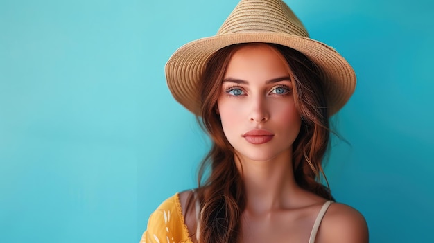 Retrato de uma garota à moda com um chapéu na cabeça sobre um fundo azul