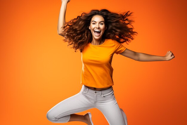 Foto retrato de uma garota alegre e feliz vestida com uma camiseta branca celebrando o sucesso e a vitória isolada