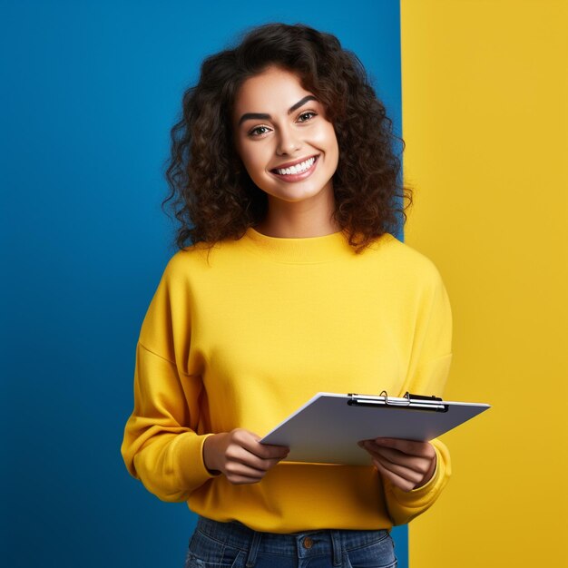 Retrato de uma garota bonita com um laptop de alta qualidade