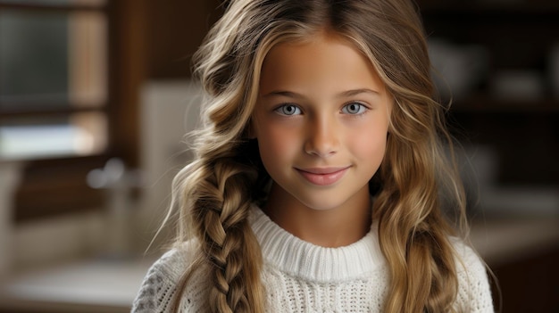 Retrato de uma garota bonita com uma camisola branca Imagem de fundo