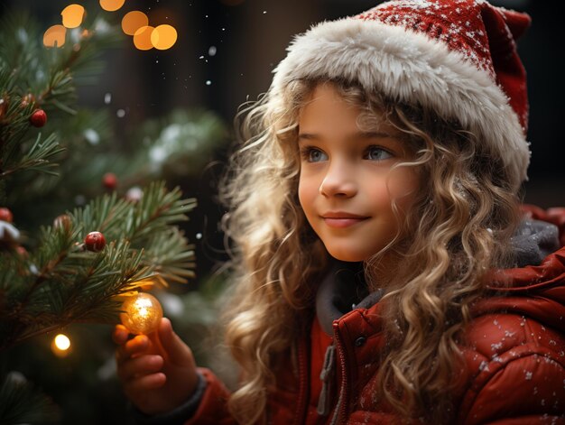 Foto retrato de uma garota bonita debaixo da árvore de natal vestindo um vestido de inverno de natal com cobertura de neve