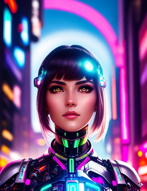Retrato de uma garota ciborgue no fundo de uma cidade neon