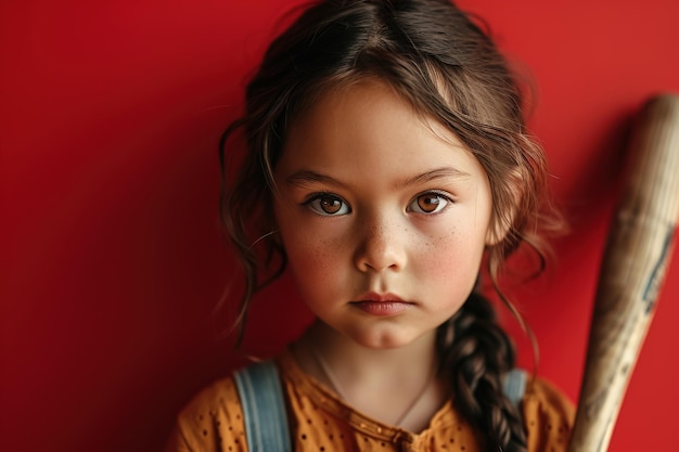 Retrato de uma garota com pecas de olhos castanhos e bonitos com um taco de beisebol em um fundo vermelho