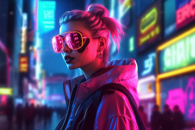 retrato de uma garota cyberpunk vestindo roupas futuristas e acessórios em pé na frente das luzes