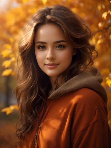 Retrato de uma garota feliz e deslumbrante com pose dinâmica no fundo do outono